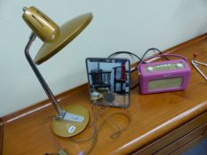 A RETRO DESK LAMP, A ROBERTS RADIO AND A MIRROR.