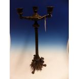 A 19th C. BRONZE FOUR LIGHT CANDELABRUM, THE FOLIATE NOZZLES ON ARMS FROM THE CENTRAL ONE ABOVE