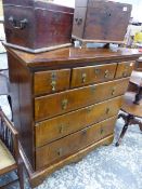 AN 18th.C. AND LATER WALNUT CHEST OF THREE SHORT AND THREE LONG GRADUATED DRAWERS ON SHAPED PLINTH