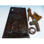 A COLLECTION OF FIVE PIECES OF TREEN, TO INCLUDE A RELIEF CARVED PANEL WITH A FIGURE CARRYING FRUIT.