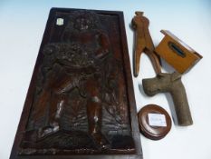 A COLLECTION OF FIVE PIECES OF TREEN, TO INCLUDE A RELIEF CARVED PANEL WITH A FIGURE CARRYING FRUIT.