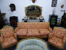 AN ANTIQUE FRENCH LOUIS XVI STYLE GILTWOOD DRAWING ROOM SUITE COMPRISING A THREE SEATER SETTEE AND A