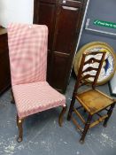 A GEO.II. SIDE CHAIR ON SHAPED WALNUT LEGS TOGETHER WITH AN 18th.C.COUNTRY LADDER BACK CHAIR. (2)
