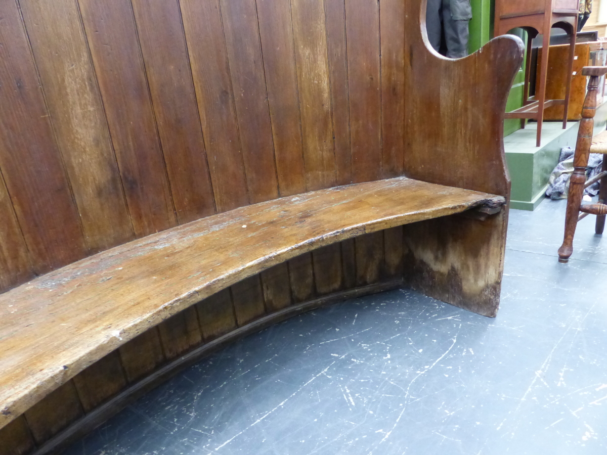 A VICTORIAN PINE BOW BACK HIGH SETTLE WITH ELM SEAT. W.200 x H.151cms. - Image 3 of 7