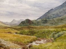 M.ROBERTS. 20th.C.ENGLISH SCHOOL. ARR. MARSO AND SGURRNAN GILLEAN, ISLE OF SKYE, SIGNED WATERCOLOUR.