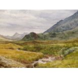 M.ROBERTS. 20th.C.ENGLISH SCHOOL. ARR. MARSO AND SGURRNAN GILLEAN, ISLE OF SKYE, SIGNED WATERCOLOUR.