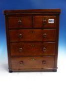 A VICTORIAN APPRENTICE MINIATURE CHEST OF TWO SHORT AND THREE LONG DRAWERS. W.34 x H.39cms.