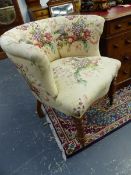 A RARE PAIR OF EARLY VICTORIAN LIBRARY ARMCHAIRS WITH CURVED BACKS OVER LONG TURNED FORELEGS WITH