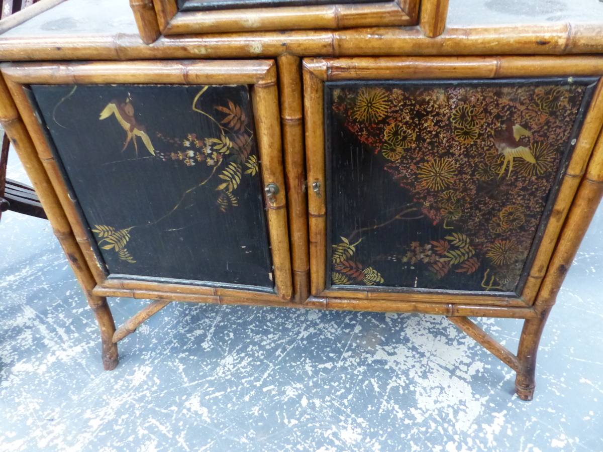 A VICTORIAN BAMBOO SIDE CABINET WITH SINGLE GLAZED DOOR OVER LACQUER PANEL DOORS. 78 x 32 x H. - Image 4 of 8