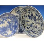 TWO JAPANESE BLUE AND WHITE DISHES TOGETHER WITH A LARGER MING STYLE BLUE AND WHITE DISH. Dia.