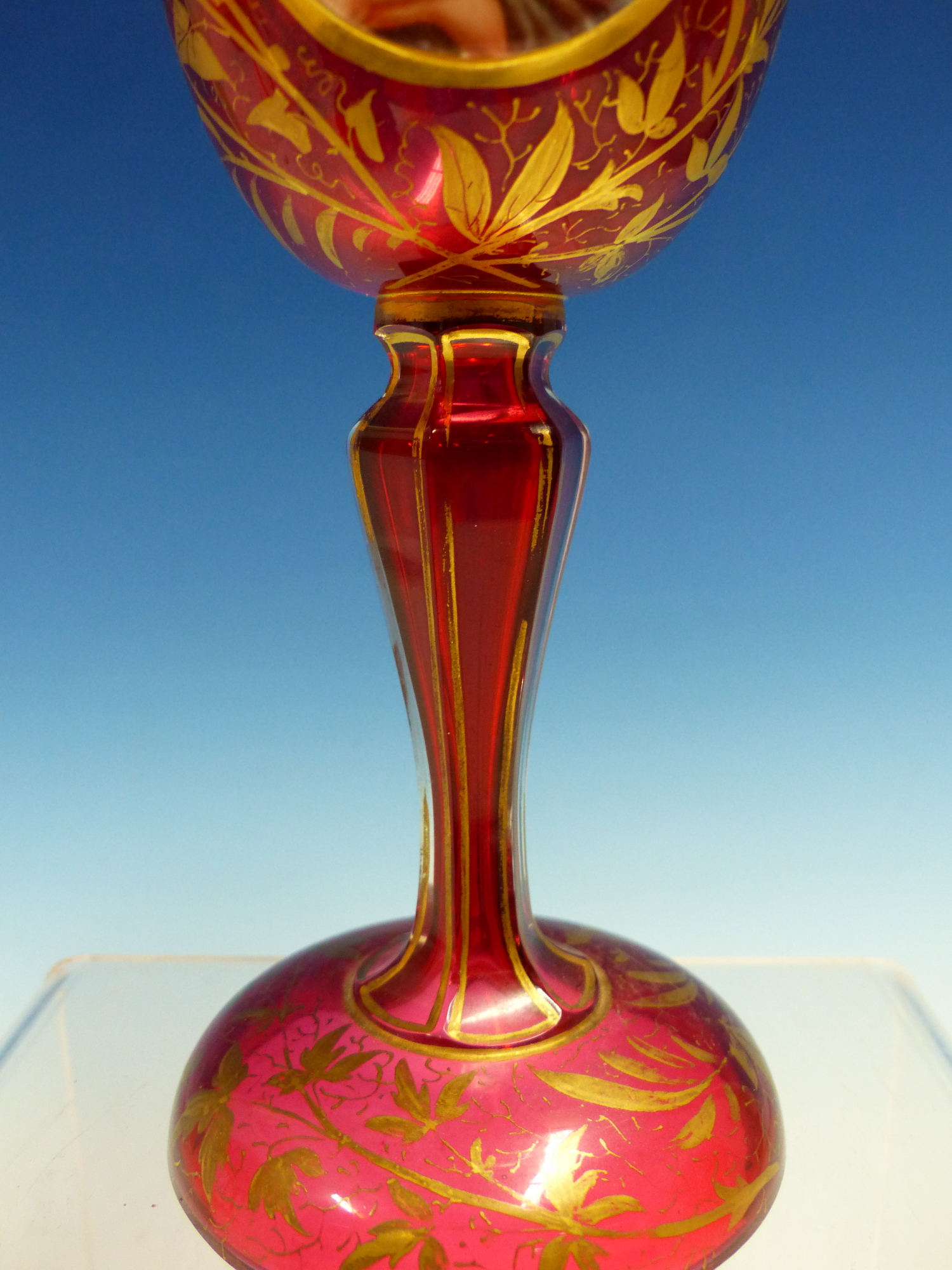 A BOHEMIAN GILT RUBY GLASS GOBLET ON A CHINESE WOOD STAND. - Image 13 of 17