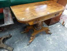 A VICTORIAN ROSEWOOD FOLD OVER CARD TABLE ON PEDESTAL BASE. W.90cms.