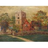 19th.C.ENGLISH NAIVE SCHOOL. A RURAL CHURCH, OIL ON CANVAS. 41 x 51cms.