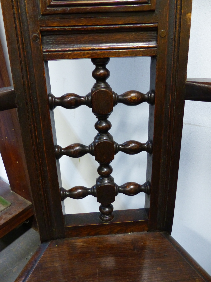 AN ARTS AND CRAFTS SHAKESPEARE STAINED OAK ARMCHAIR, IN THE MANNER OF E.W.GODWIN, THE HIGH BACK WITH - Image 2 of 6