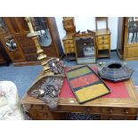 TWO ANTIQUE WALL BRACKETS DECORATED WITH LEATHER FRUIT, A TOLEWARE WALL CLOCK CASE, A GILTWOOD TABLE