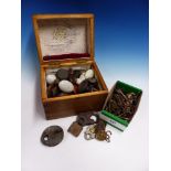 A COLLECTION OF 19th.C.AND LATER KEYS, PADLOCKS, ETC AND A BOX OF VINTAGE DOORKNOBS.