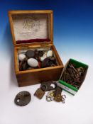 A COLLECTION OF 19th.C.AND LATER KEYS, PADLOCKS, ETC AND A BOX OF VINTAGE DOORKNOBS.