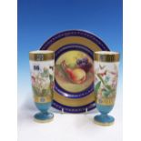 A PAIR OF COALPORT SLENDER GOBLET VASES PAINTED WITH INSECTS AND FLOWERS. H 16.5cms. TOGETHER WITH A