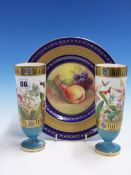 A PAIR OF COALPORT SLENDER GOBLET VASES PAINTED WITH INSECTS AND FLOWERS. H 16.5cms. TOGETHER WITH A