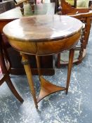 A 19thC.ROSEWOOD OCCASIONAL TABLE WITH BLIND DRAWER TO CUSHION FRIEZE ON THREE TURNED SUPPORTS