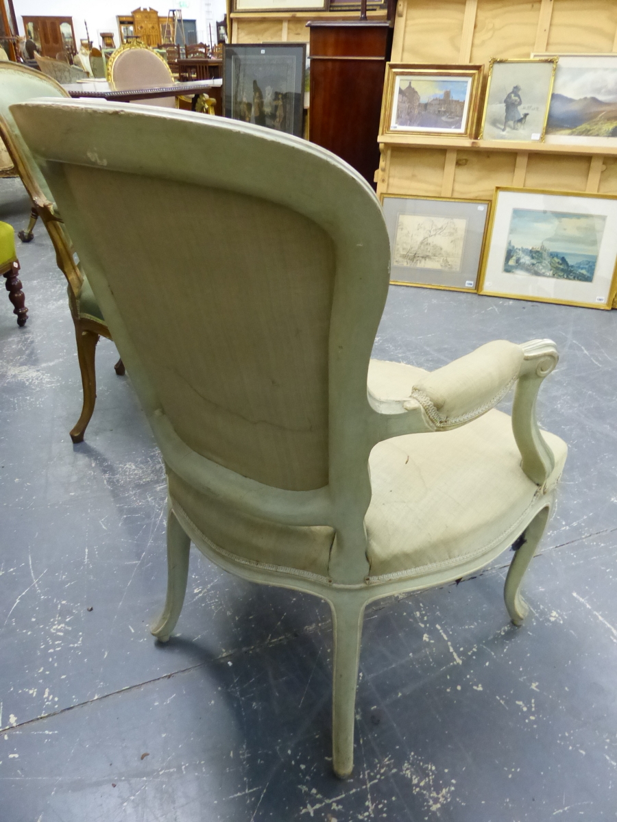 TWO SIMILAR LOUIS XV STYLE, PAINTED SHOW FRAME SALON ARMCHAIRS ON CABRIOLE LEGS. (2) - Image 6 of 10