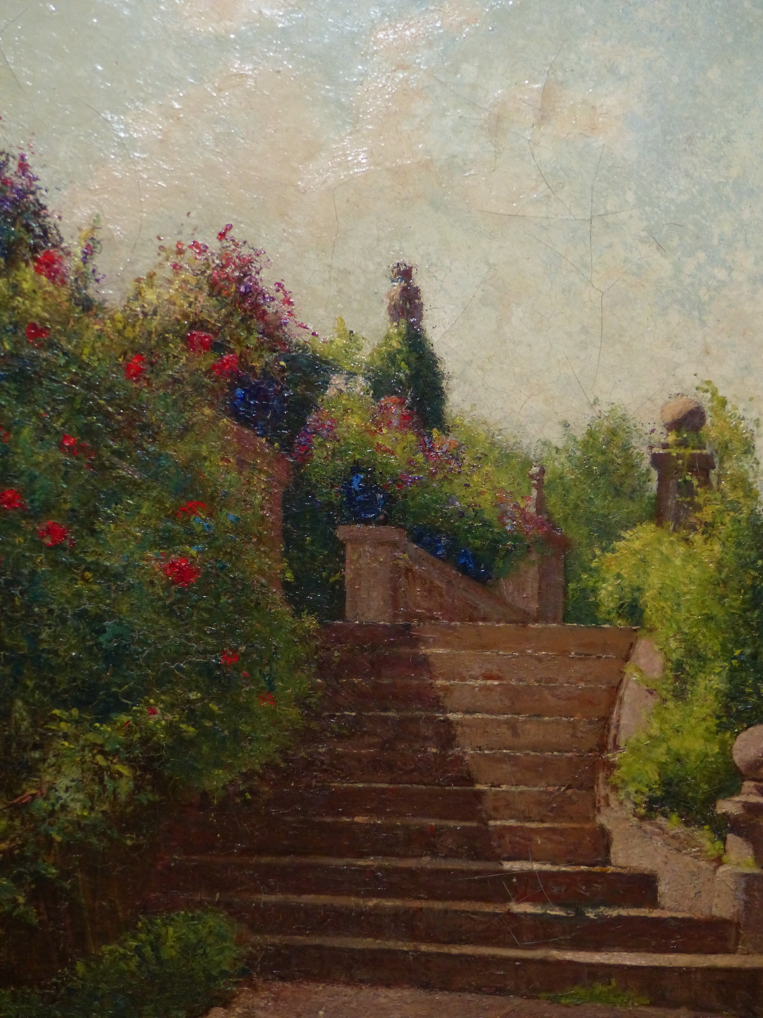 LATE 19th.C.SCHOOL. THE GARDEN STEPS, OIL ON CANVAS. 82 x 66cms. - Image 3 of 5