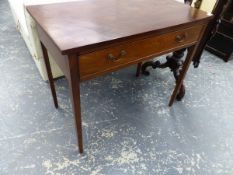 A GEO.III. MAHOGANY SIDE TABLE WITH FRIEZE DRAWER ON SQUARE TAPERED LEGS. 92 x 49 x H.76cms.