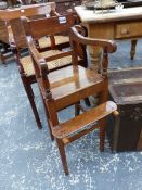 A 19th C. CHILDS HIGH CHAIR, THE ARMS ON BALUSTER SUPPORTS, TAPERING SQUARE LEGS.