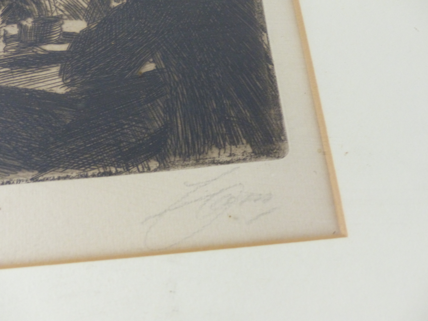 ANDERS ZORN. (1860-1920) AN INTERIOR SCENE, PENCIL SIGNED ETCHING WITH GALLERY LABEL VERSO. 11.5 x - Image 2 of 5