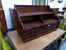 A 19th.C.AND LATER MAHOGANY TABLE CABINET OF NINE DRAWERS WITH GALLERY SHELVES ABOVE. 89.5 x 42 x