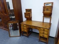 AN ASH VICTORIAN DRESSING TABLE, THE RECTANGULAR BEVELLED GLASS MIRROR IN BROKEN ARCHED FRAME, THE