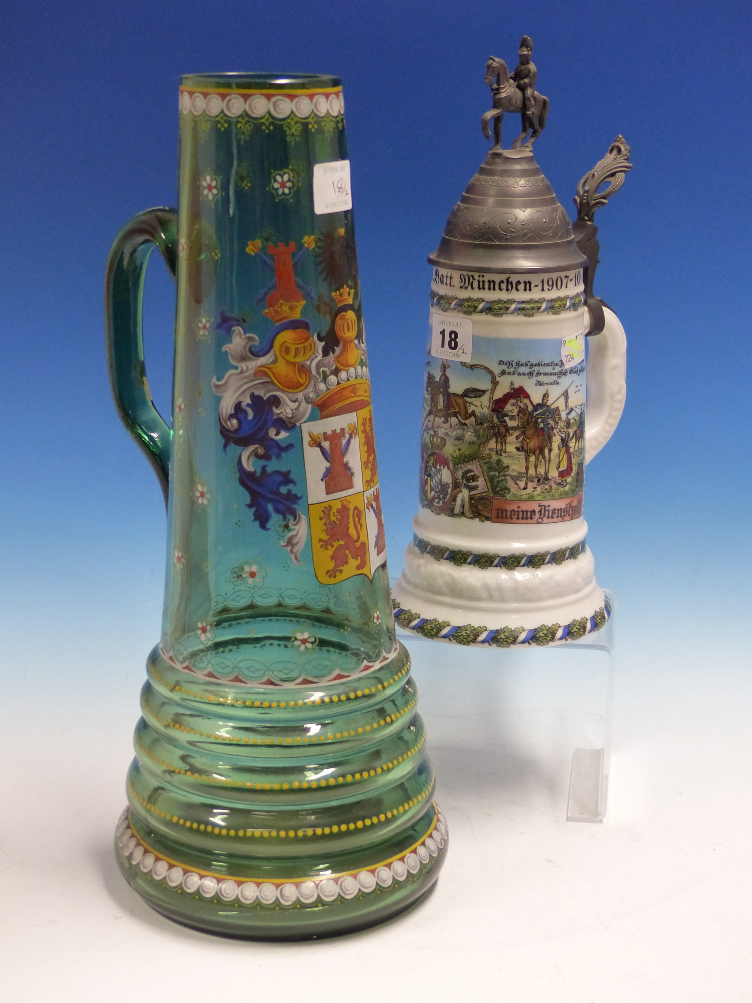 A KUHR PORCELAIN PEWTER LIDDED TANKARD DECORATED FOR A MUNICH CAVALRY BATTALION. H 31.5cms. TOGETHER - Image 2 of 11