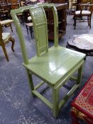 A PAIR OF ANTIQUE CHINESE HARDWOOD SIDE CHAIRS OF TRADITIONAL FORM, LATER PAINTED.