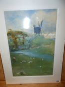 EARLY 20th.C.SCHOOL. SHEEP IN A LANDSCAPE WITH A WINDMILL, SIGNED AND INDISTINCTLY DATED 1908,