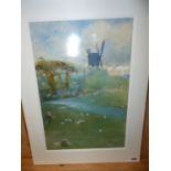 EARLY 20th.C.SCHOOL. SHEEP IN A LANDSCAPE WITH A WINDMILL, SIGNED AND INDISTINCTLY DATED 1908,