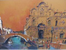 DAVID SAWYER. (1961-****) ARR. RIO DI MENDICANTI, VENICE, SIGNED WATERCOLOUR. 41 x 56cms.