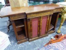 A Wm.IV.MAHOGANY SMALL BREAKFRONT BOOKCASE WITH OPEN SHELVES CENTRED BY TWIN GRILL DOORS, ON