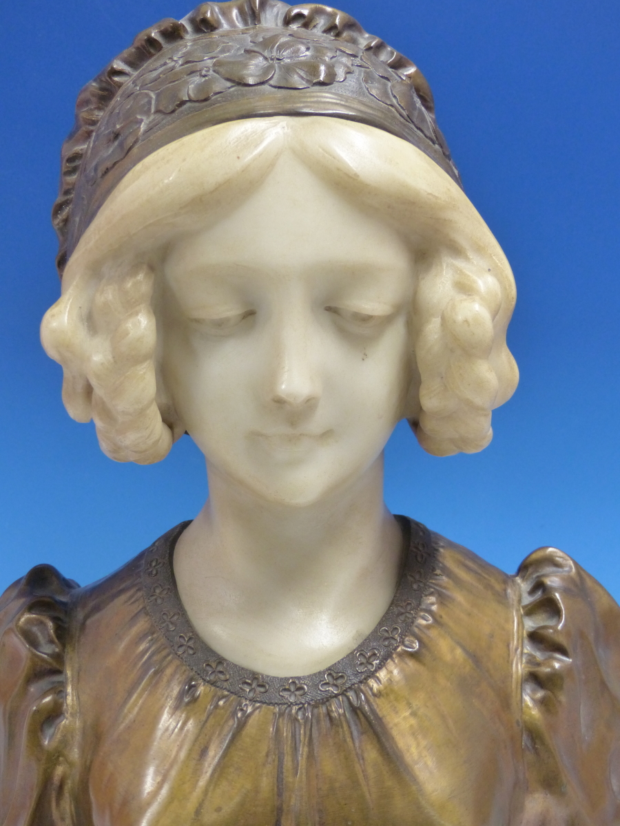 AFFORTUNATO GORY. (FL.1895-1925) A BRONZE AND WHITE MARBLE BUST OF A GIRL WEARING A FLORAL CAP. H. - Image 2 of 9
