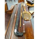 AN AFRICAN EBONY WALKING STICK WITH ELEPHANT HANDLE, TWO SQUASH RACKETS,A GOLF STICK GAFF AND