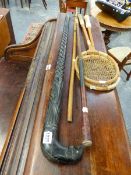 AN AFRICAN EBONY WALKING STICK WITH ELEPHANT HANDLE, TWO SQUASH RACKETS,A GOLF STICK GAFF AND