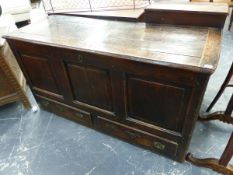 AN 18th.C.OAK MULE CHEST WITH THREE PANEL FRONT OVER TWO DRAWERS. 141 x 54 x H.73cms.