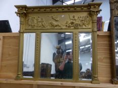 A GILT VICTORIAN TRIPLE PLATE WALL MIRROR WITH CLASSICAL DECORATED FRIEZE. 99 x 87cms.