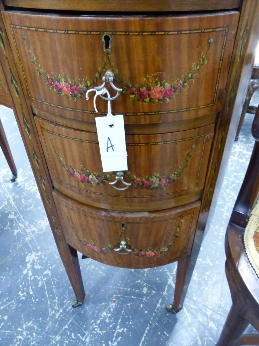 AN EDWARDIAN SATINWOOD KIDNEY SHAPED DESK, POLYCHROME NEOCLASSICAL FLORAL DECORATION WITH FIGURAL - Image 8 of 9