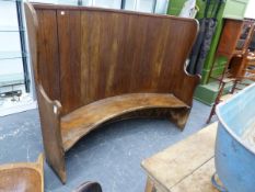 A VICTORIAN PINE BOW BACK HIGH SETTLE WITH ELM SEAT. W.200 x H.151cms.