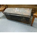 AN ANTIQUE VELUM COACHING TRUNK WITH BRASS STUD DECORATION AND TWO LOCKS. 108 x 51 x H.47cms.