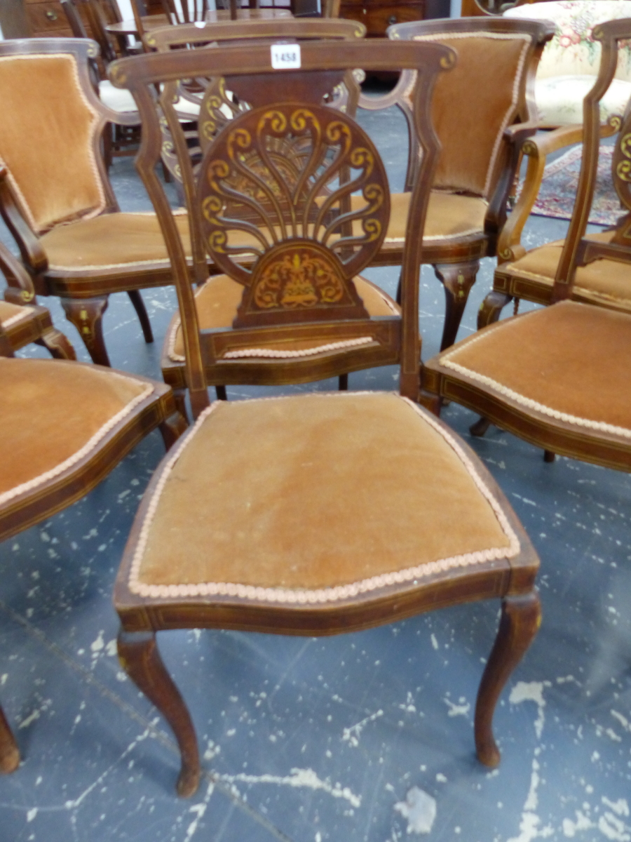 A SEVEN PIECE EDWARDIAN SUITE OF MAHOGANY SEAT FURNITURE, EACH WITH MARQUETRY ANTHEMION CRESCENT - Image 2 of 8