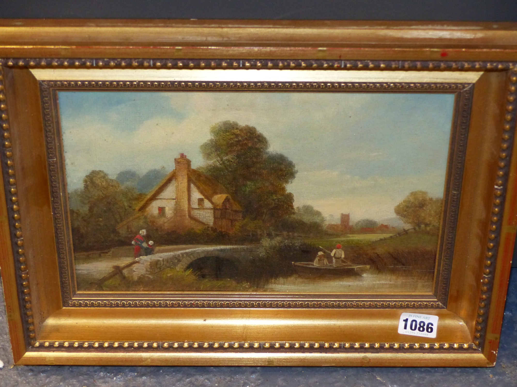 19th.C.ENGLISH SCHOOL. A THATCHED COTTAGE BY A BRIDGE, OIL ON CANVAS. 20.5 x 31cms. - Image 2 of 3