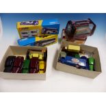 THREE BOXED CORGI BUSES, ANOTHER BUS, ELEVEN DINKY AMERICAN CARS, FIVE OTHER TOY VEHICLES AND A