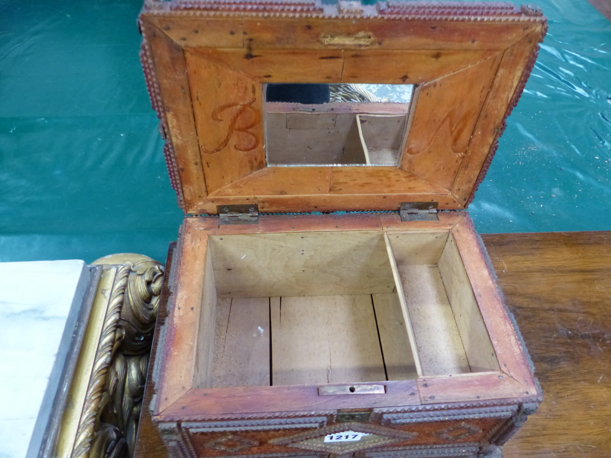 A TRAMP ART CASKET, THE CHIP CARVED WOOD WORK EDGING BROWN VELVET, THE FRONT AND BACK WITH CENTRAL - Image 14 of 24