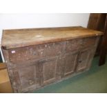 A LARGE ANTIQUE PAINTED PINE DRESSER BASE WITH TWO DRAWERS OVER FOUR PANEL DOORS. W.170 x D.67 x H.